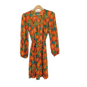Traffic People Modcloth Womens Small Wrap Dress Bold Floral Print Orange Boho